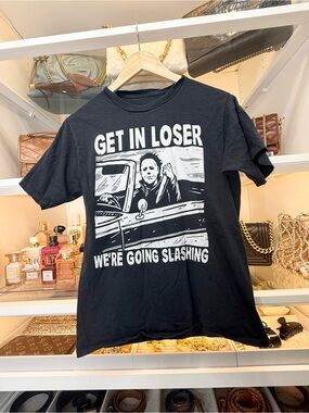 "Get In Loser" Horror Design Michael Myers Halloween Spooky Tee Size S Black